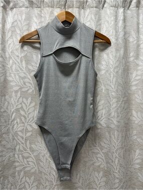 Cider Gray Sleeveless Mock Neck Cutout Bodysuit
